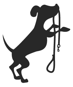 Animatie van een staande hond met riem in bek.